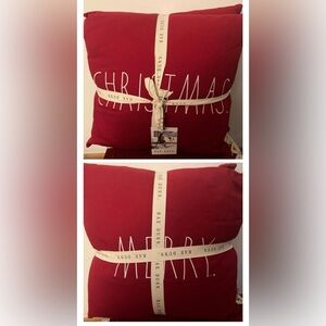NWT Rae Dunn ‘MERRY’ + ‘CHRISTMAS’ Red Holiday Seasonal Throw Pillows Set of 2